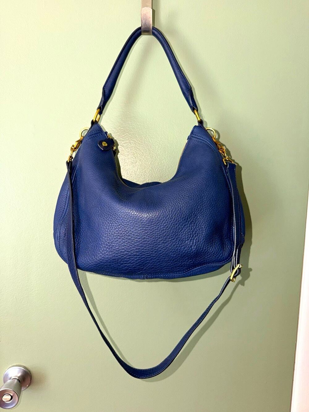 LARGE J.CREW Blue Pebbled Leather Shoulder Bag Crescent Zip w Strap